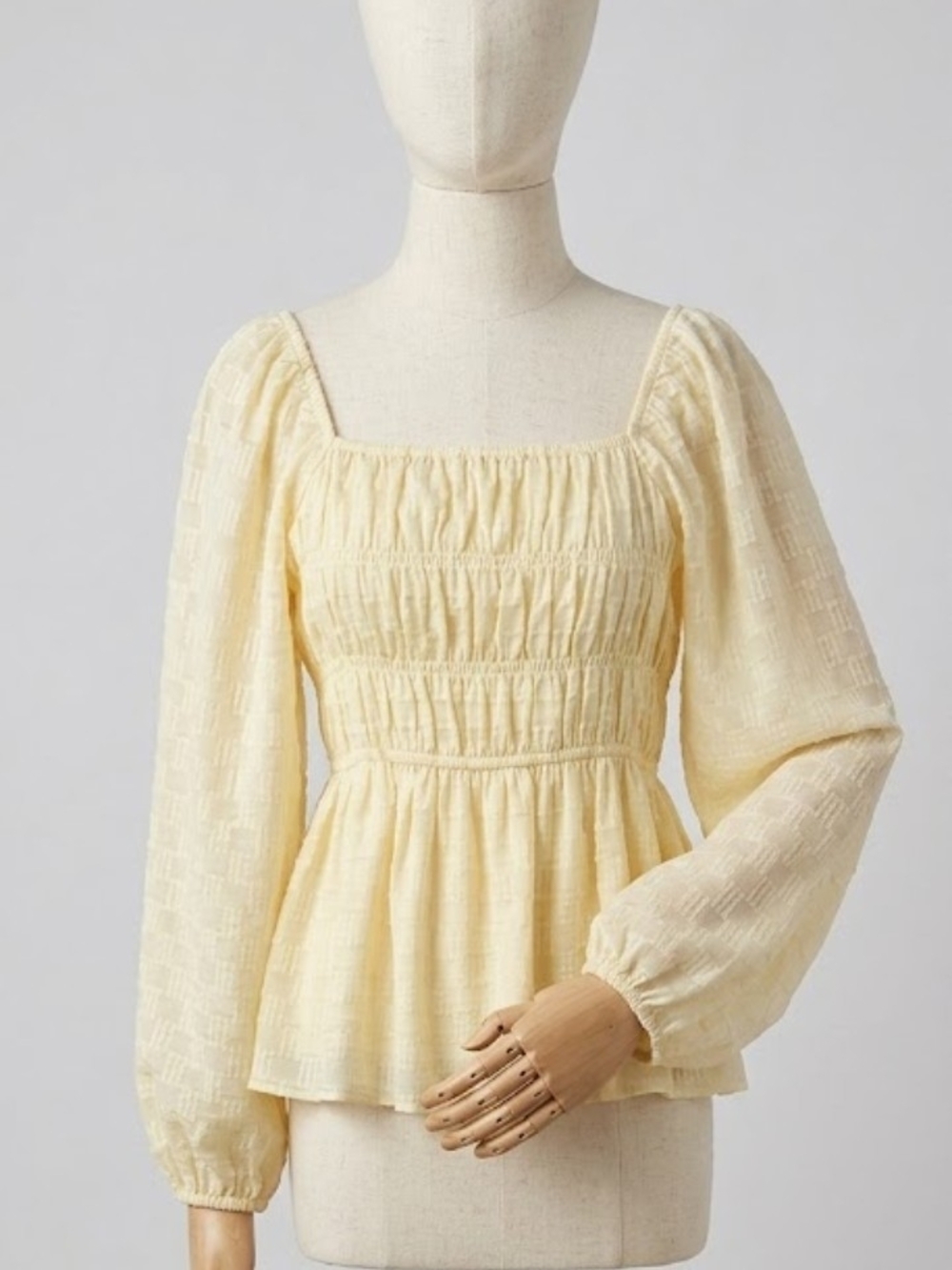 Boho Smoked Peplum Blouse Cream Puff Sleeve Square Neck Coquette CottageCore Top
